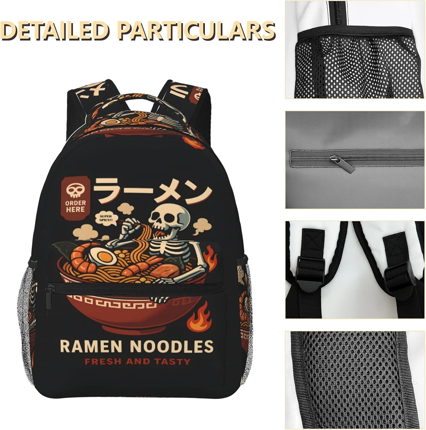 Funny Skeleton Ramen Popcorn Backpack for School, Work, Camping, Lightweight Travel Daypack with Multi-Pocket Storage, Adjustable Shoulder Straps Bookbag, 11.4×5.9×15.7in, Women Gifts Backpacks