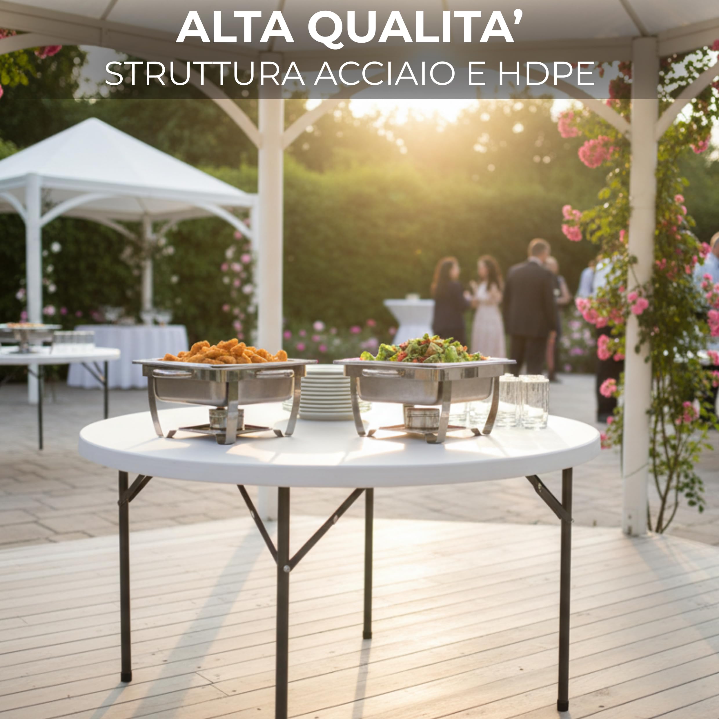 Tavolo Catering Rotondo Struttura in Acciaio e Piano in HDPE ø180x74hcm Ideale per Ambienti Esterni,Interni,Giardino,Bar,Ristorante,Terrazzo,Balcone