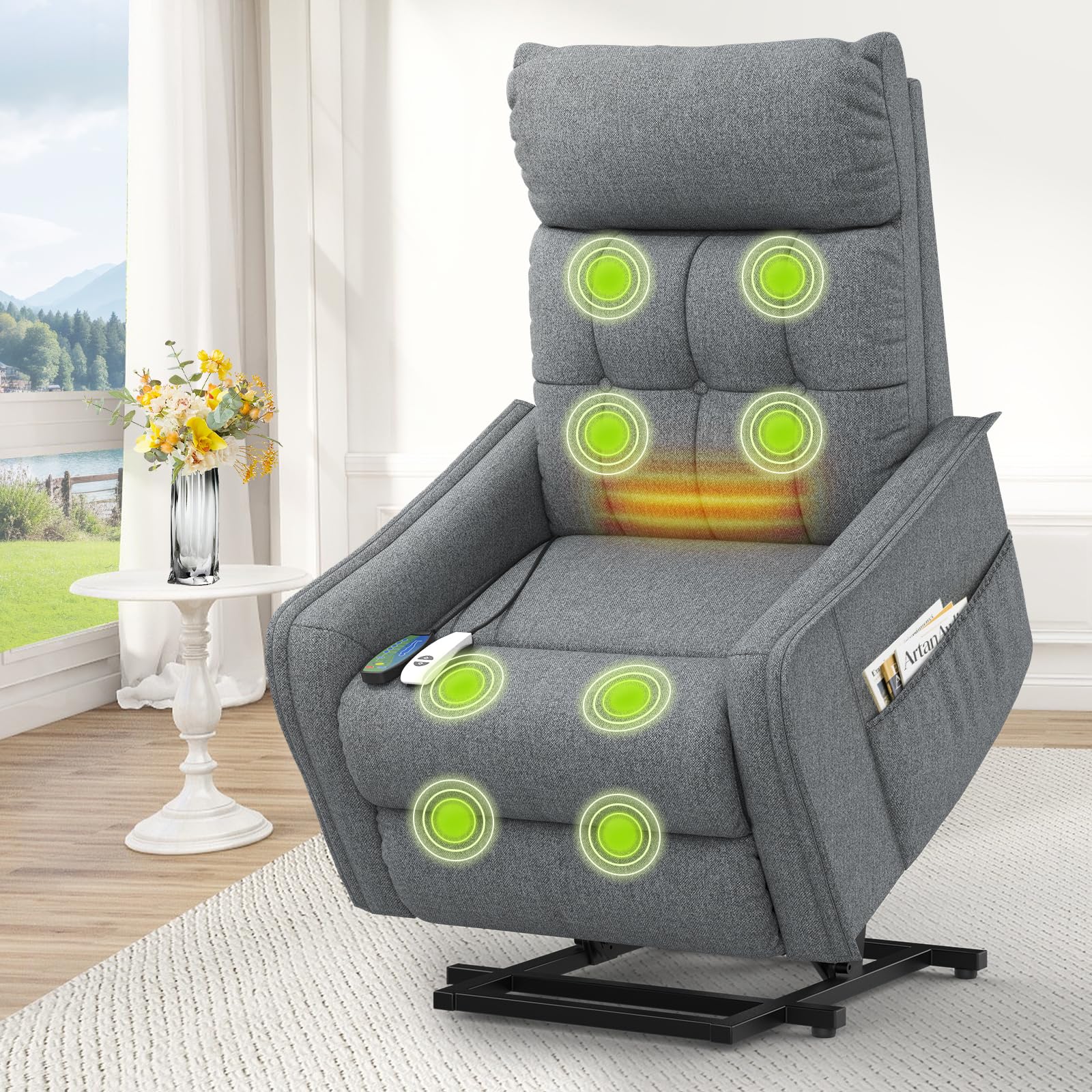 Fernsehsessel Relaxsessel mit Aufstehhilfe, Elektrisch Massagesessel mit Liege-Funktion Massage & Heizung, TV-Sessel, Ruhesessel, Polstersessel, Wohnzimmer-Sessel mit 2 Fernbedienungen