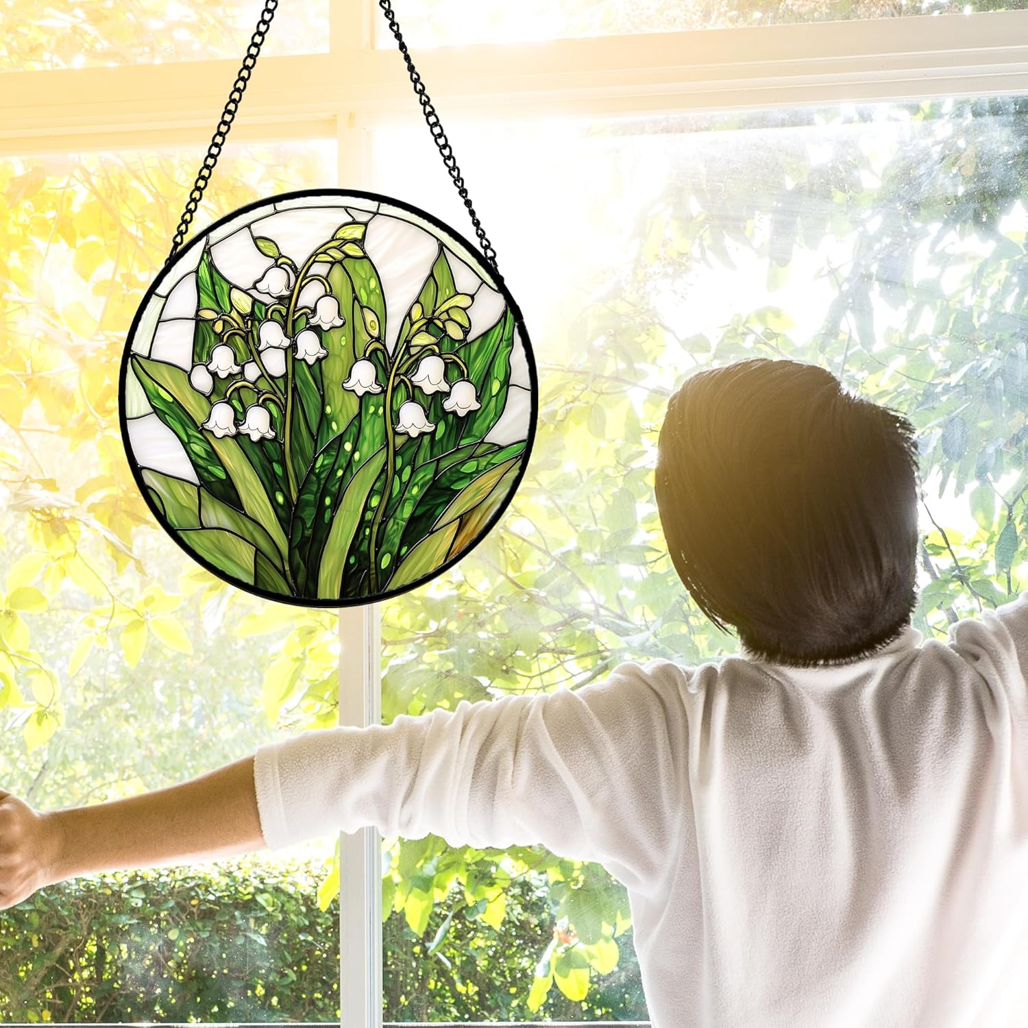 Stained Glass Window Hanging, Lily of The Valley Flower Sun Catchers Colorful Glass Panel Green Plants Suncatcher Decor for Birthday for Women,Men,Wife, Lovers, and Mom 11.8 in - Image 4