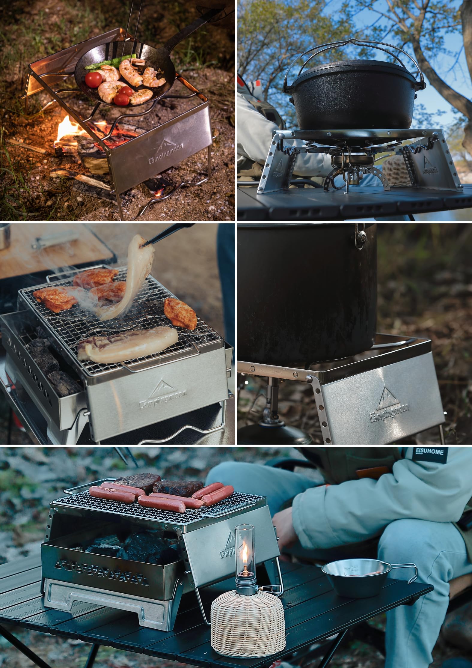 Campingmoon MS-1018 tragbarer Lagerfeuer-Grill aus 304 Edelstahl, für Dutch Oven Kochgeschirr mit Windschutzscheibenbeinen und Tragetasche