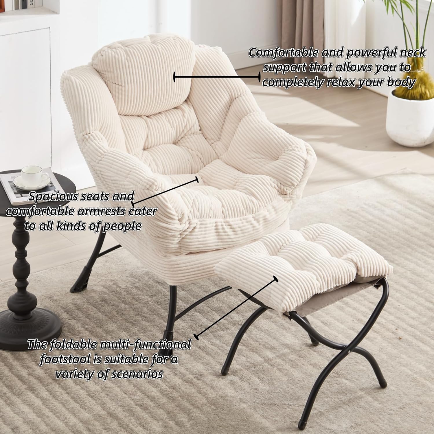 Modern Lazy Chair with Ergonomic Ottoman, Comfortable Lounge Chair with Footrest for Space Saving, Comfy Reading Armchair for Living Room, Bedroom, Office, White