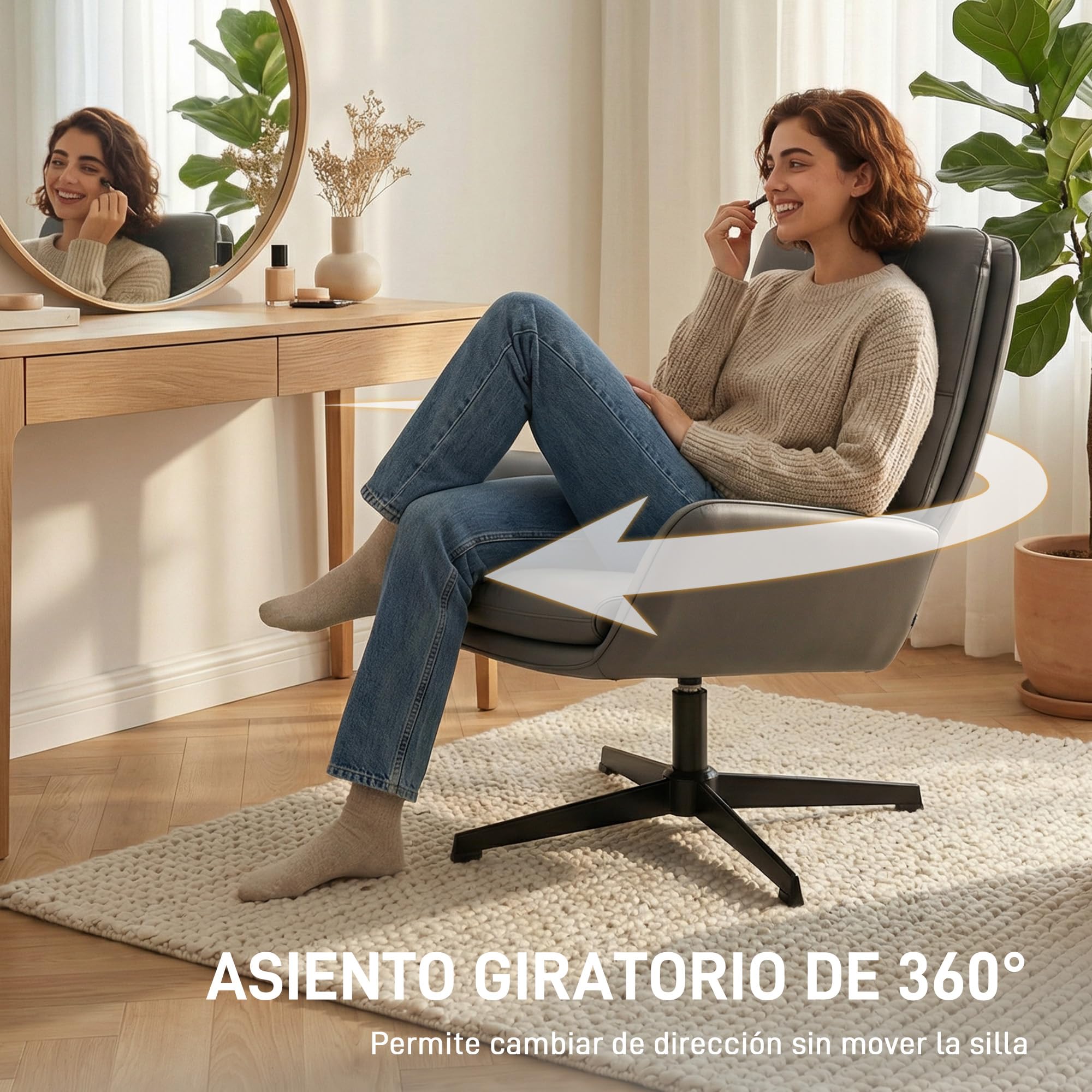HOMCOM Sillón Giratorio, Butaca de Salón Tapizado en PU, Sillón Lectura con Asiento Acolchado, Reposabrazos, Patas Metálicas, para Sala de Estar, Dormitorio, Gris