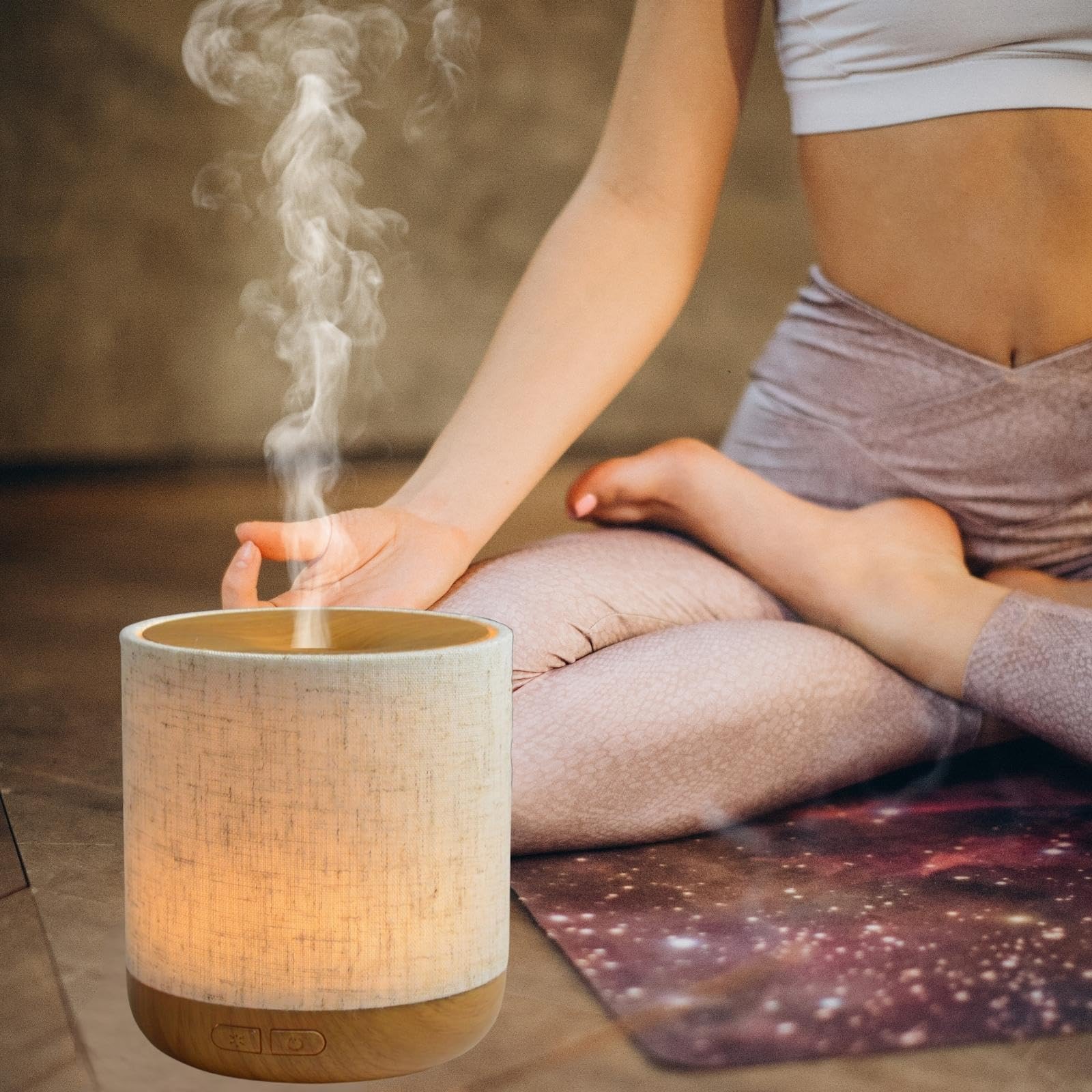 Zen'Aroma Difusor ultrasónico Alesia - Difusión de Aceite Esencial en frío Aromaterapia - Diseño Original, Carcasa de Lona de Lino y Revestimiento de Color Madera - difusión + iluminación