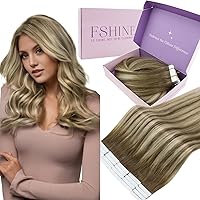 Vista 1 de Fshine Extensiones de cabello humano con cinta, 12 pulgadas, 1.06 oz, balayage, castaño a rubio platino, 20 unidades, cabello Remy lacio invisible