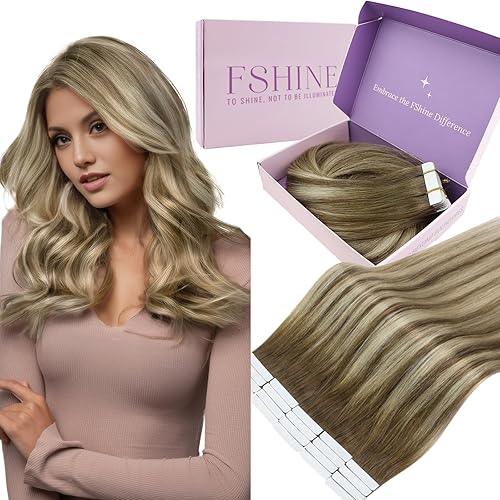 Fshine Extensiones de cabello humano con cinta, 12 pulgadas, 1.06 oz, balayage, castaño a rubio platino, 20 unidades, cabello Remy lacio invisible