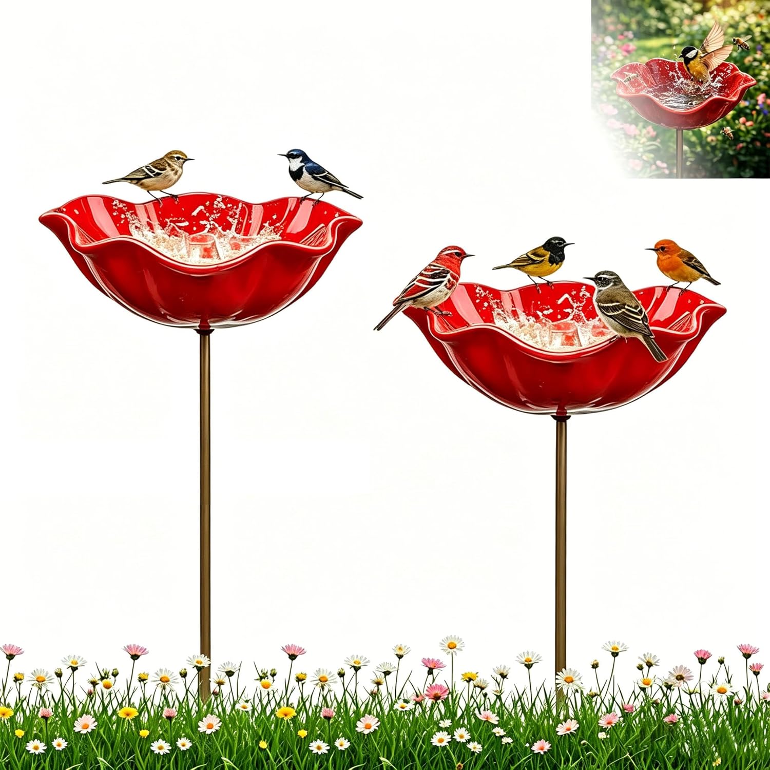 Handmade Metal Flower Garden Stake with Bird Bath & Bee Watering Station, Weather-Resistant Butterfly & Hummingbird Water Feeder Bowl, Garden Decor Gift (2 PCS)