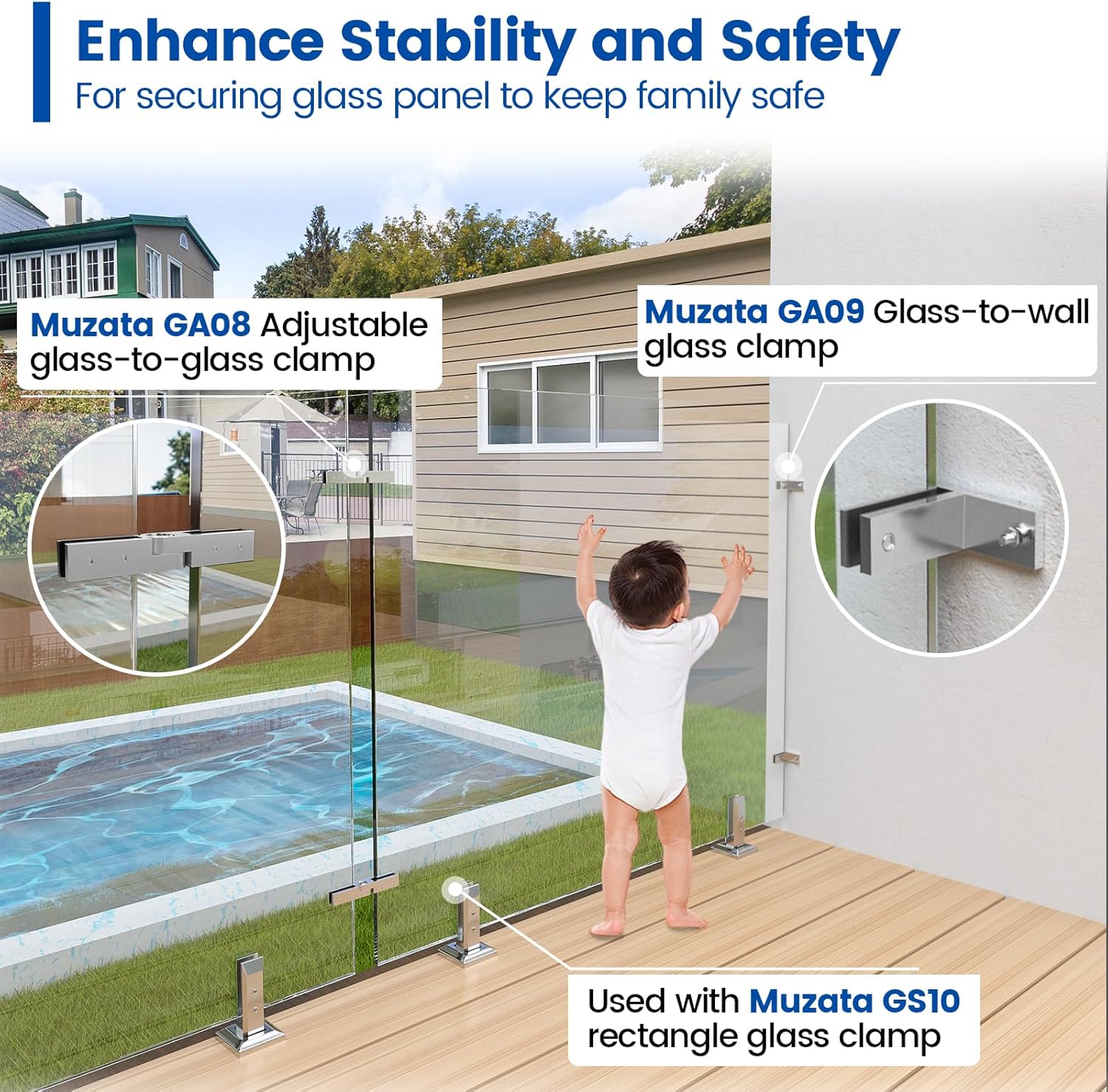 Muzata Brushed Rectangle Glass Railing Spigot GS10 SO4 with 2Pack Brushed 90 degrees Glass Clamp GA09