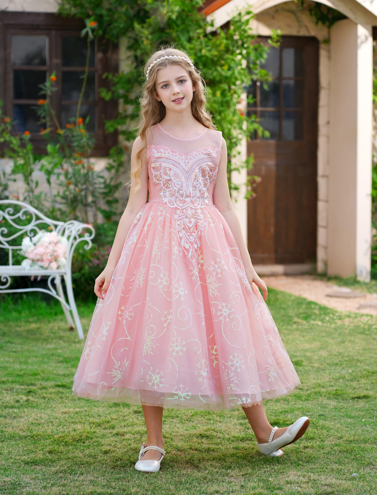 IDOPIP Enfant Fille Les Sequins Broderie Tulle Longue Robe Demoiselle d'honneur Fille Fleur Mariage La Fête Bal Officiel Soirée Anniversaire