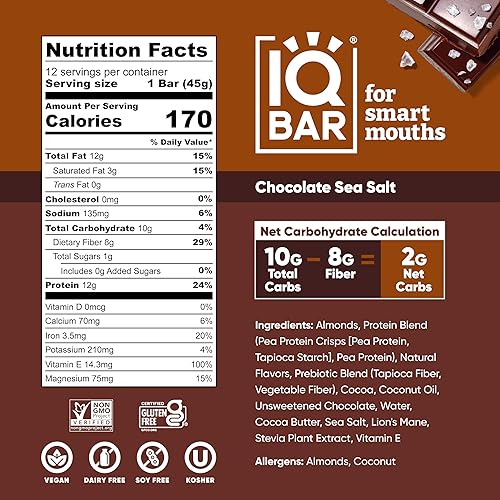 Miniatura 4 de IQBAR Brain and Body Keto Protein Bars - Chocolate Sea Salt and Banana Nut - 12 barras energéticas - Barras de proteína bajas en carbohidratos -