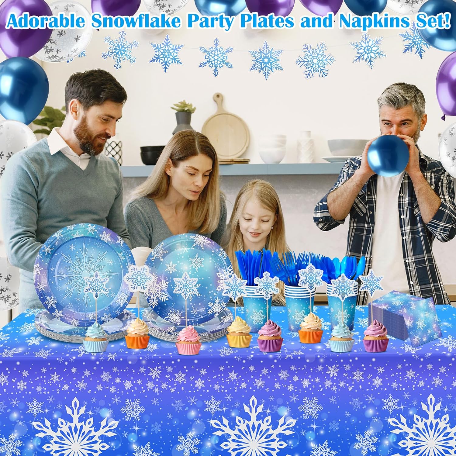 Yungyan 208 Pieces Winter Snowflake Party Supplies Blue Purple Wonderland Disposable Tableware Christmas Snowflake Set Plates Napkins Cups Cutlery Tablecloth Balloons Banner & Cake Toppers, 24 Guests - Image 4