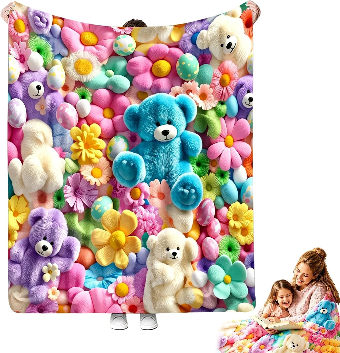 Teddy Pastel Floral Print Blanket, 2027 Cozy Bear Pastel Blanket, 3D Soft Plush Cute Bear Floral Throw Blanket with High-Definition Pastel Print, Feels Gentle on Skin for Women, (60x40in)