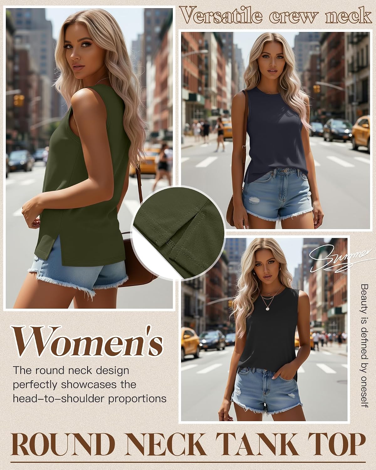 4 Pack Women's Sleeveless Tops, Casual Summer Loose Fit T Shirts Solid Color Tunic Tank Tops Ladies' Crew Neck image 3