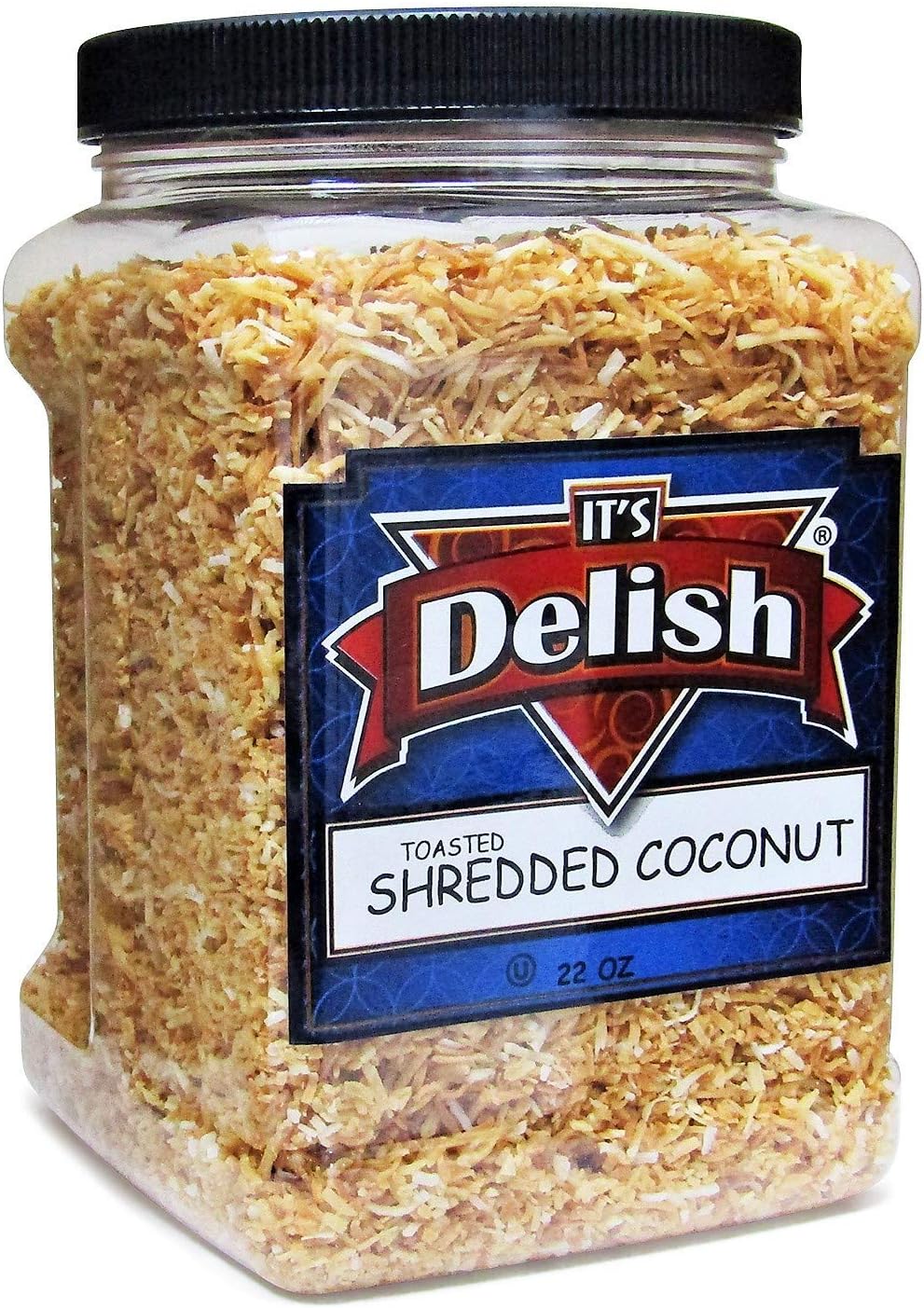Gourmet Toasted Sweetened Coconut Fancy Shred Flakes by Its Delish – 22 Oz Jumbo Reusable Container Jar – Salad and Snacks Food Crunch – Roasted Shredded Coconut for Baking, Decorating and Snacking