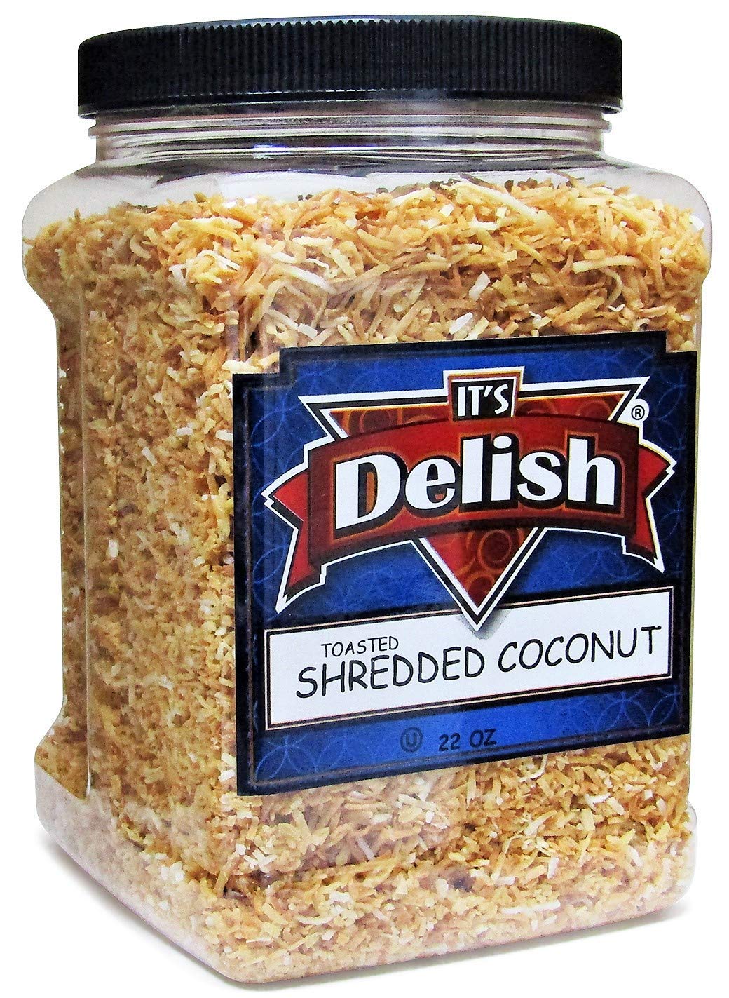 Gourmet Toasted Sweetened Coconut Fancy Shred Flakes by Its Delish – 22 Oz Jumbo Reusable Container Jar – Salad and Snacks Food Crunch – Roasted Shredded Coconut for Baking, Decorating and Snacking