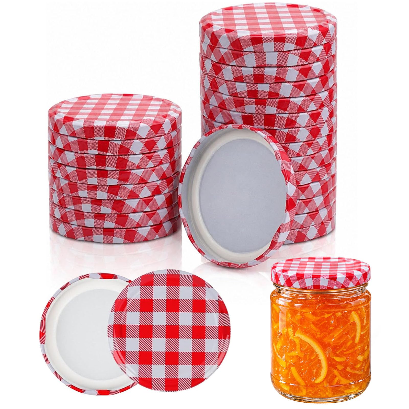 50 PCS Red Gingham Jam Jar Covers, Twist-Off Jar Lids