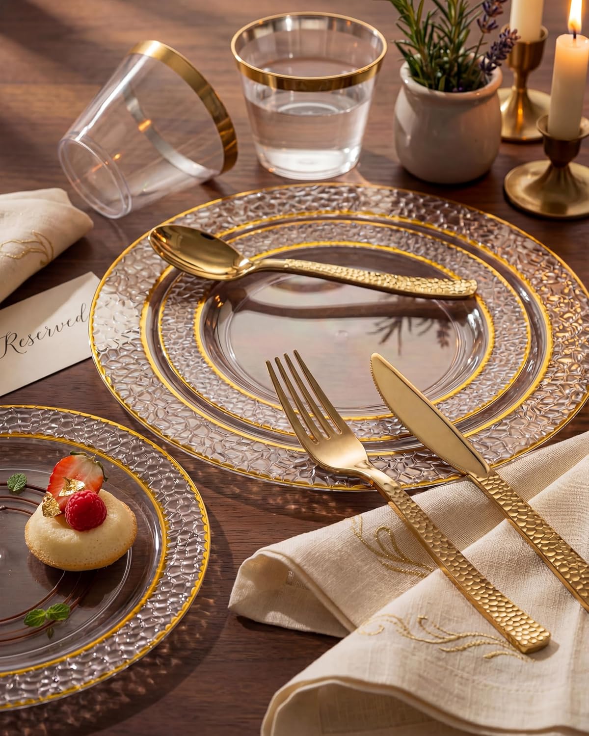 Nervure 300PCS Gold Hammered Plastic Silverware - Heavy Duty Plastic Cutlery - Gold Disposable Utensils Includes 100 Forks, 100 Knives, 100 Spoons Perfect for Wedding & Party - Image 3