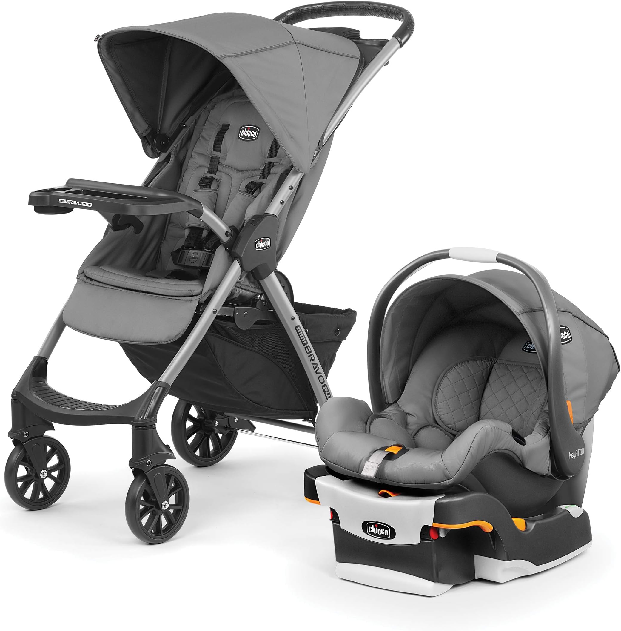 Chicco Mini Bravo Plus Travel System, Mini Bravo Plus Stroller with KeyFit 30 Infant Car Seat and Base, Slate/Grey
