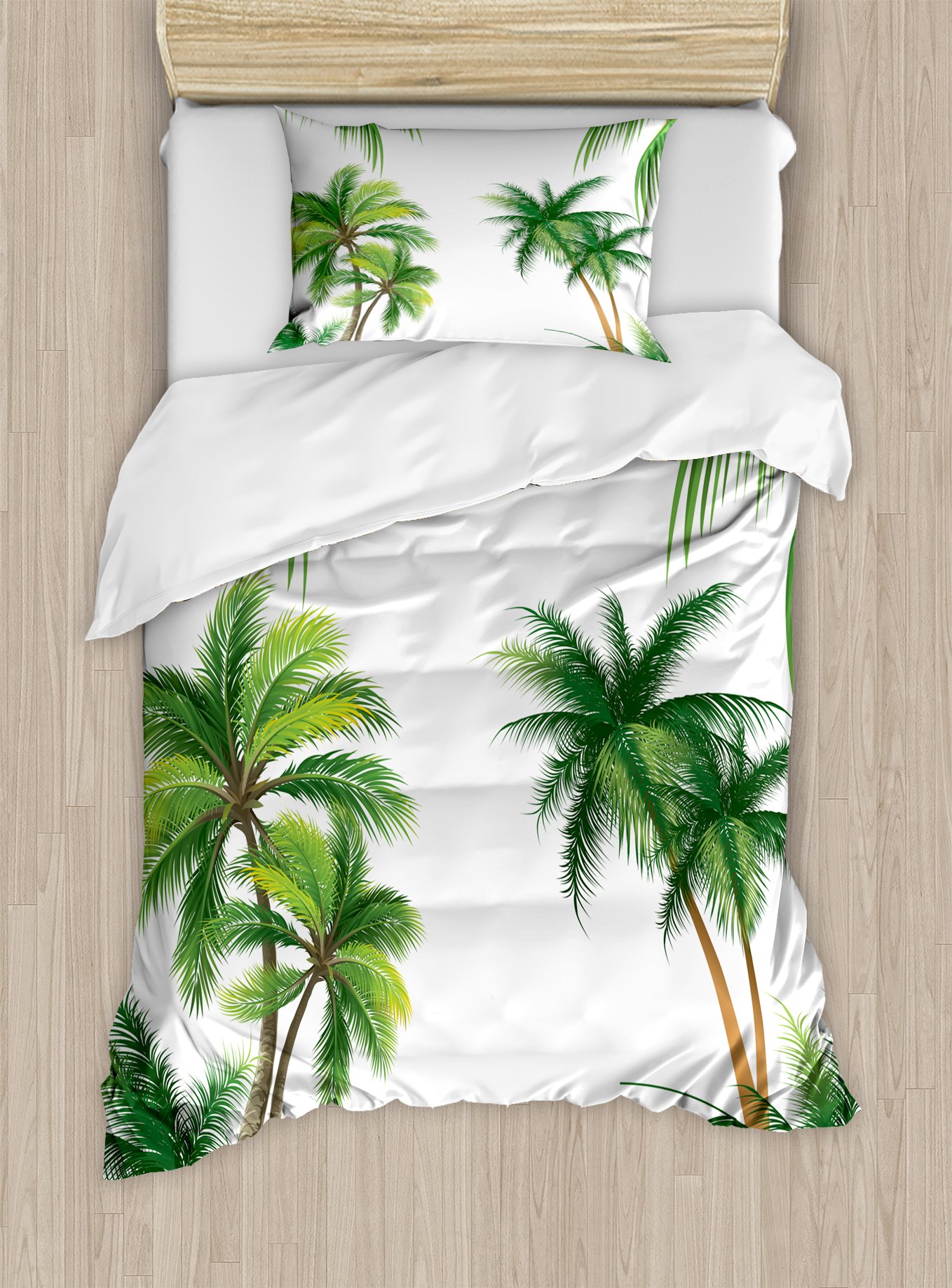 Ambesonne Tropical Duvet Cover Set, Coconut Palm Tree Nature Paradise Plants Foliage Leaves Digital Illustration, Decorative 2 Piece Bedding Set with 1 Pillow Sham, Twin Size, Hunter Green