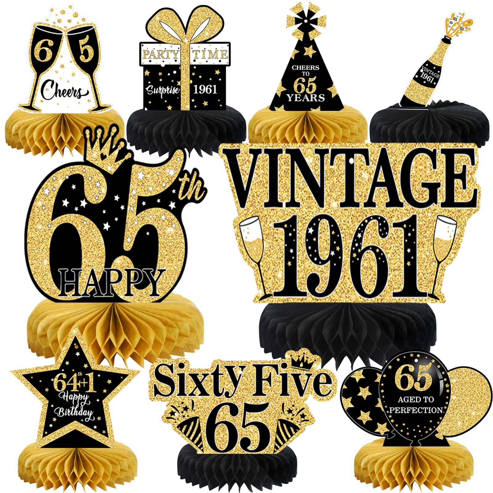 9Pcs 65th Birthday Decorations Honeycomb Centerpieces for Men Women, Black Gold Happy 65th Birthday Centerpieces Tables Toppers Party Decorations Supplies, Vintage 1961 Aged Table Sign Decor