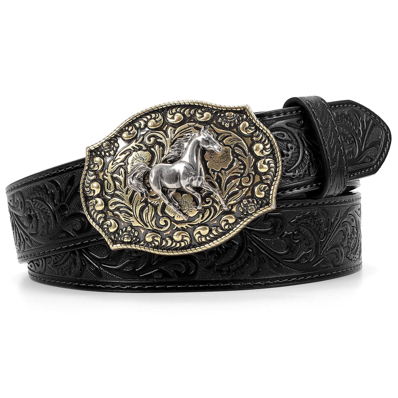 SANSTHSCowboy Belts for Men Women Western Buckle Belt Cowboy Cowgirl Embossed Leather Belt for Jeans Christmas Gifts Belt