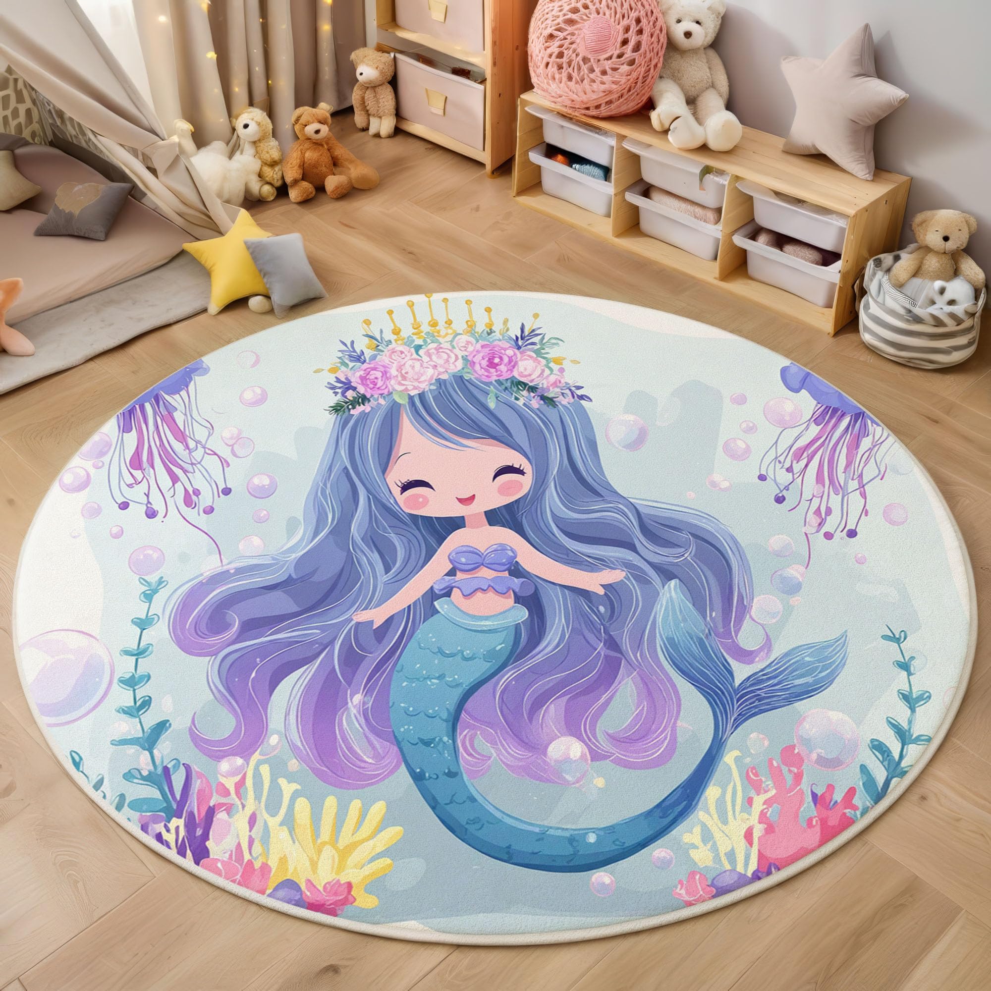 Waschbarer Teppich Rund 120Cm Süße Cartoon-Meerjungfrau-Prinzessin Teppiche Schlafzimmer - Waschbarer Kurzflor-Runder Teppich Mit Rutschfester Unterseite Für Esszimmer & Sund Kinderzimmer Hellblau