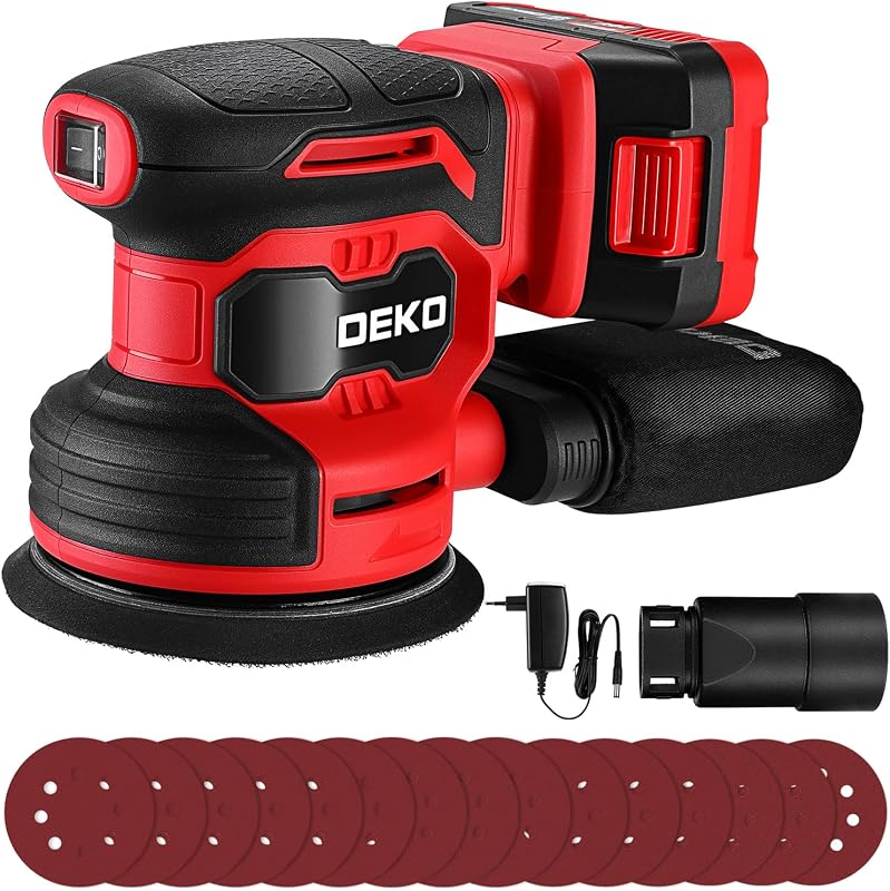 Șlefuitor cu excentric fără fir DEKOPRO 20V 125 mm, 6 viteze, 13000 rpm, 2000 mAh, cu sac de colectare a prafului și 15 discuri abrazive pentru șlefuirea lemnului