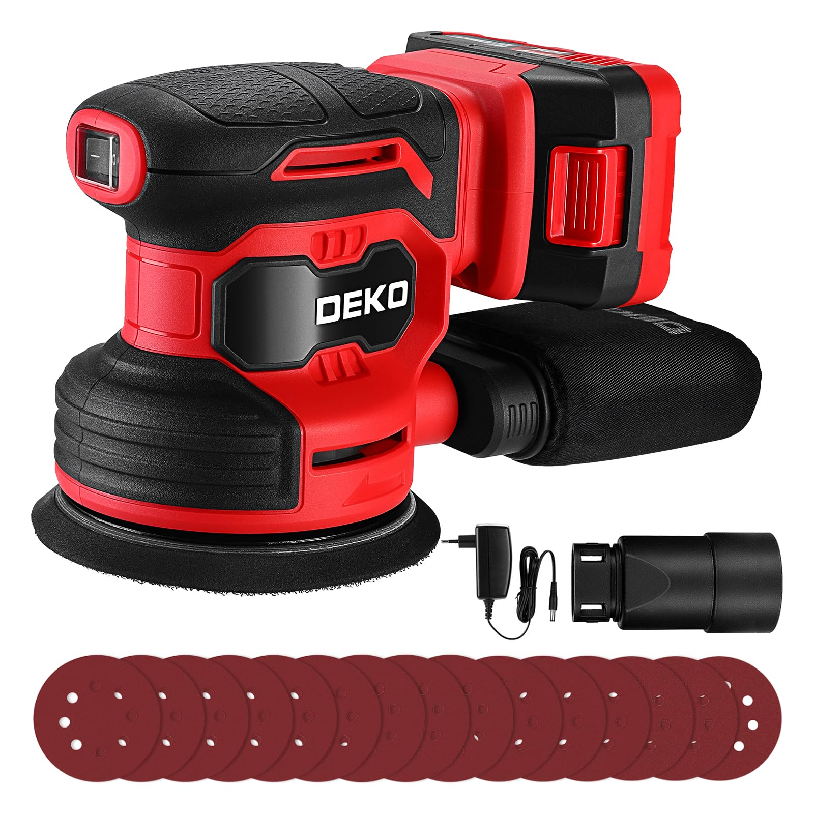 Levigatrice Orbitale a Batteria: DEKOPRO Levigatrice Rotorbitale con 1 Batteria 2000mAh, Orbitale per Legno da 125 mm, 13000 RPM, con Sacchetto per la Polvere e 15 Fogli di Carta Vetrata Rosso