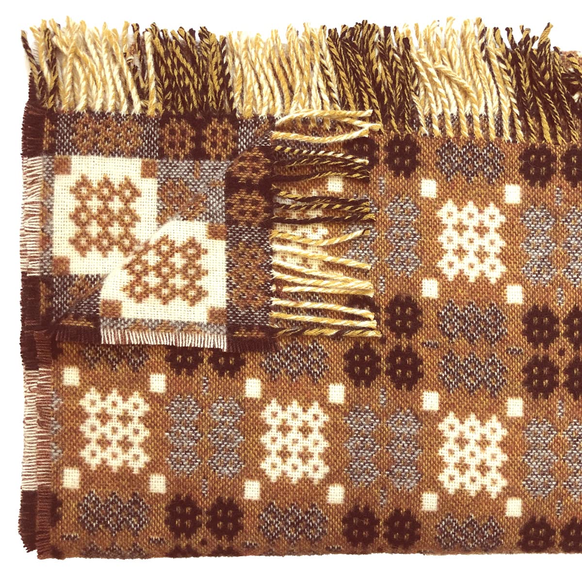 Cadwyn Antique Colour Welsh Tapestry Woollen Throw. Traditional Carthen Welsh Blanket - Caernarfon Pattern. Finished With Fringing.