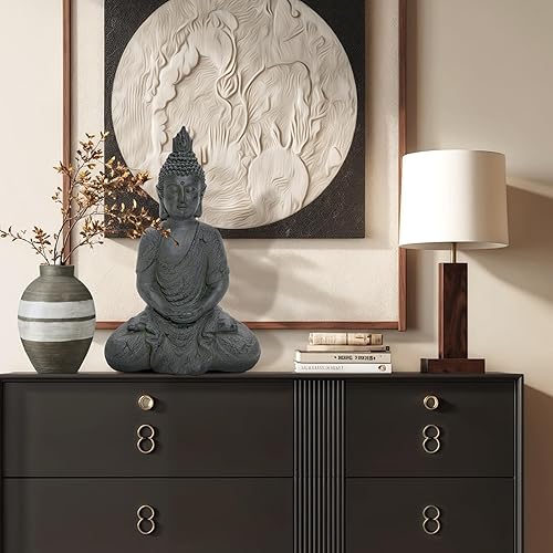 Miniatura 6 de LuxenHome - Estatua de Buda grande para exteriores e interiores, estatuas de jardín de Budas meditantes de piedra de fibra de 22 pulgadas,