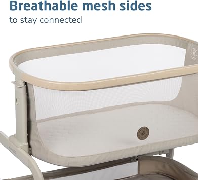 Maxi-Cosi Iora Baby Bassinets Bedside Sleeper, Portable Bassinet, Infant Bedside Sleeper Crib, Height Adjustable, Breathable Mesh, Large Storage Basket, Classic Oat