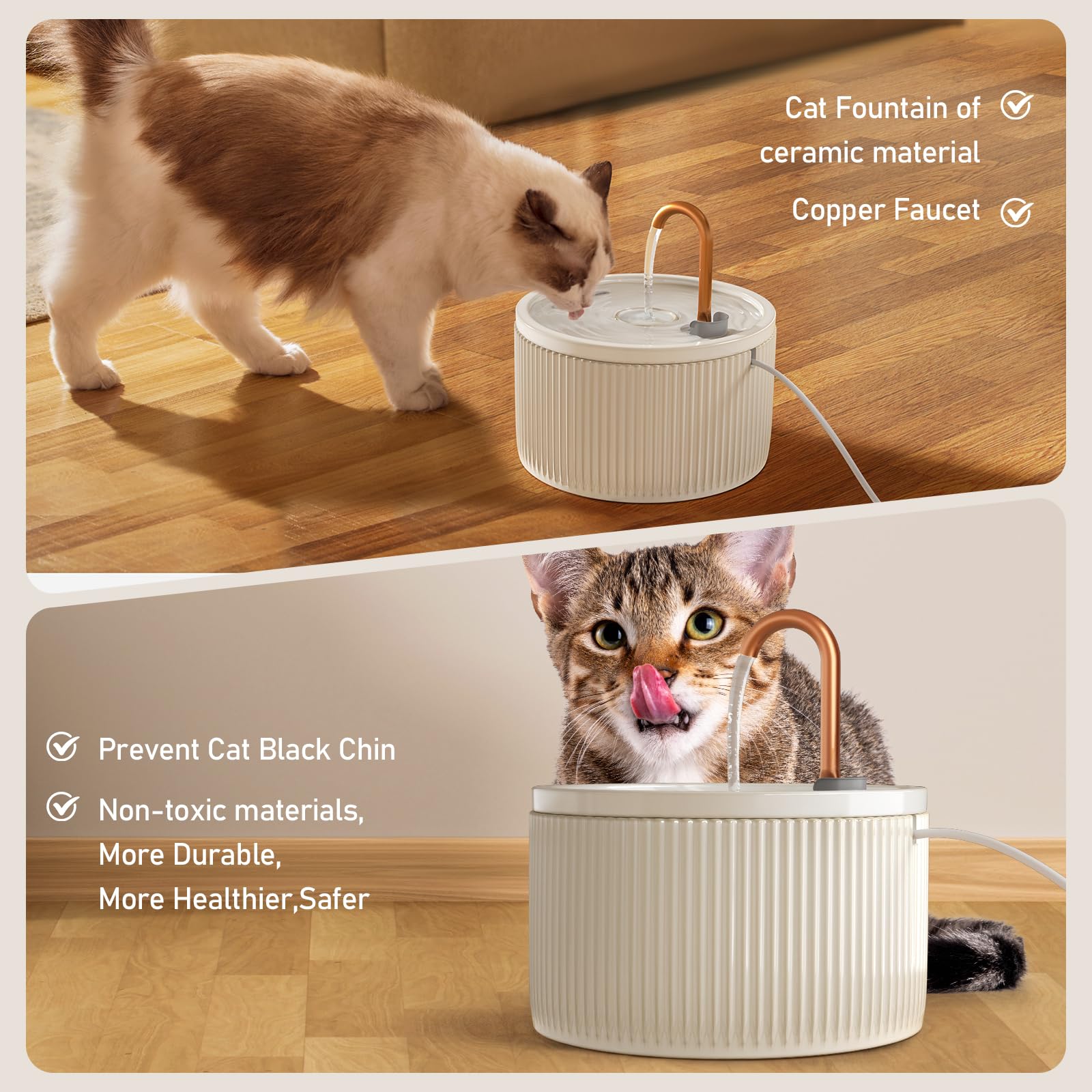 DOOOB - Fuente de agua de cerámica para gatos, fuente de agua automática para mascotas de 2.1 L, bomba ultra silenciosa, 3 filtros y 3 esponjas (beige)