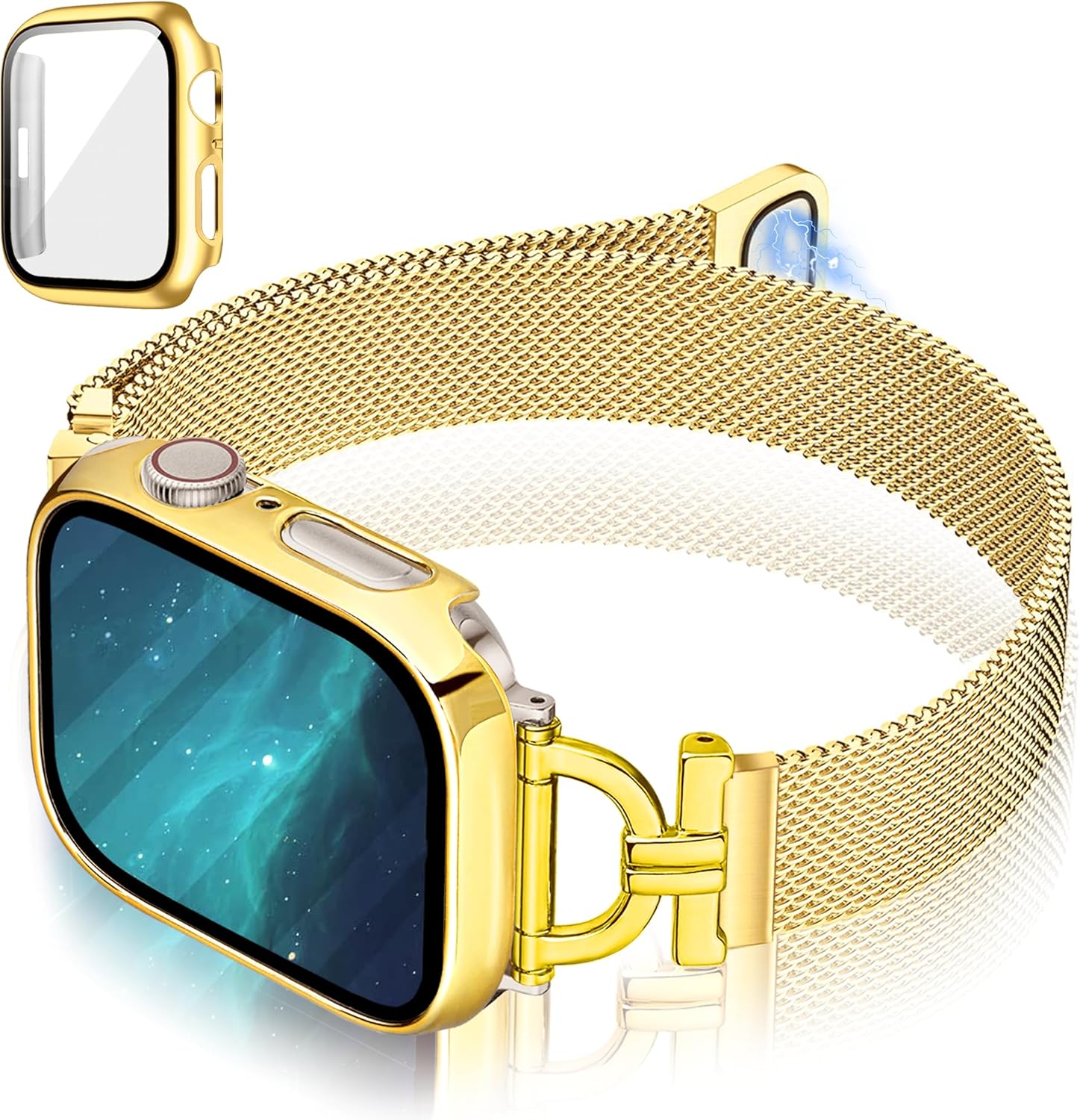 for Apple Watch Bands 41mm with Screen Protector Case, Stainless Steel Magnetic Clasp Apple Watch Bands for Women, with D-shaped Connector for iWatch Bands Series 9 8 7 (Gold, 41mm)