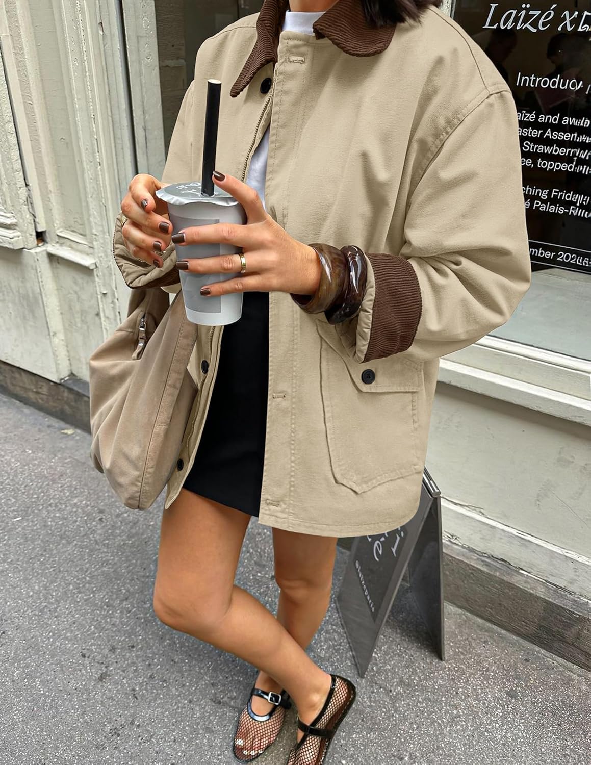 ZESICA Women's Trendy Casual Oversized Barn Jackets 2026 Spring fall Lightweight Contrast Collar Zip Up Cotton Cargo Coat - Image 3