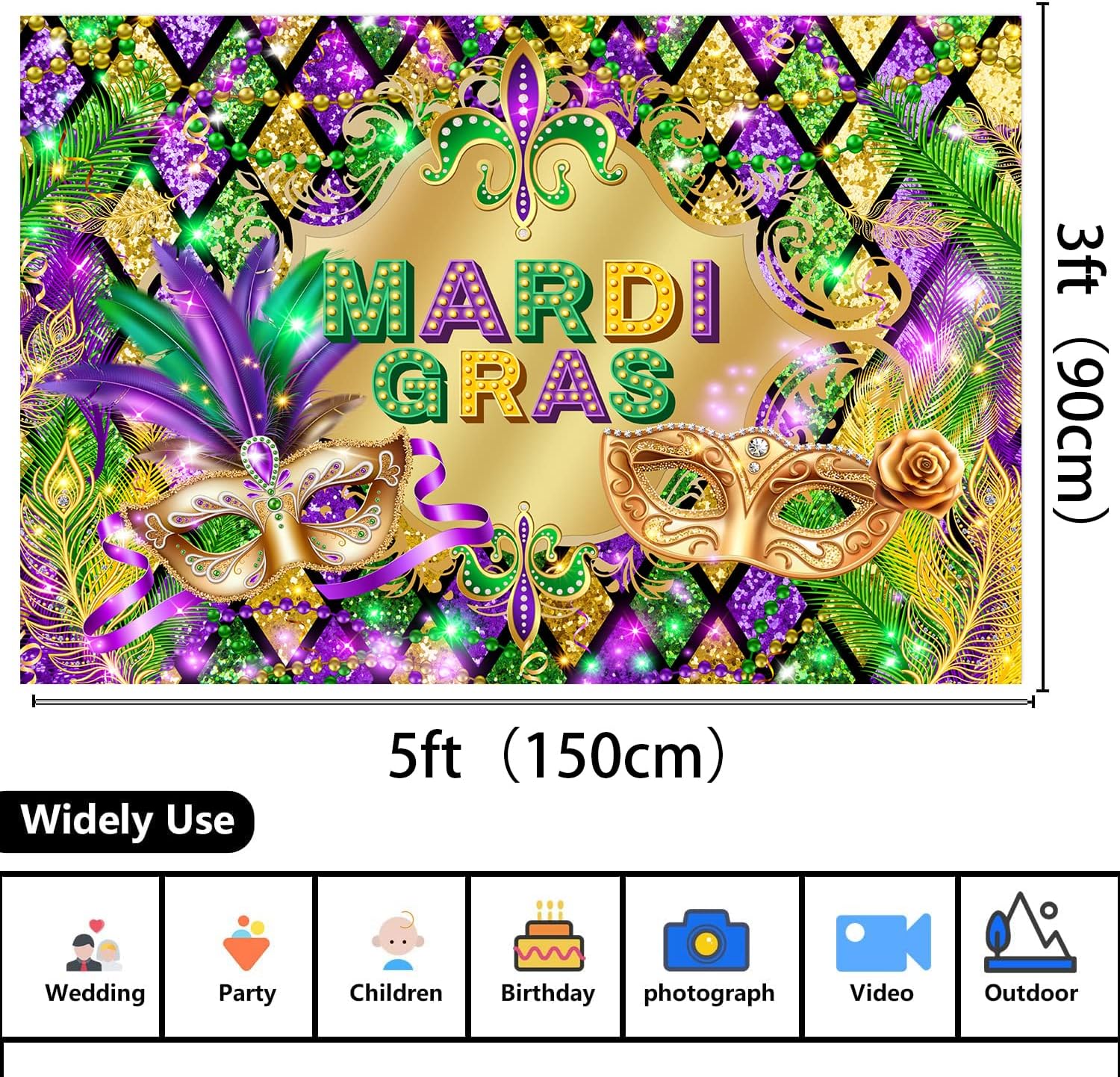 Mardi Gras Party Backdrop Tablecloth Set Masquerade Purple and Gold Glitter Party Backdrop 5x3FT and Mardi Gras Tablecloth 4.2x7.2FT
