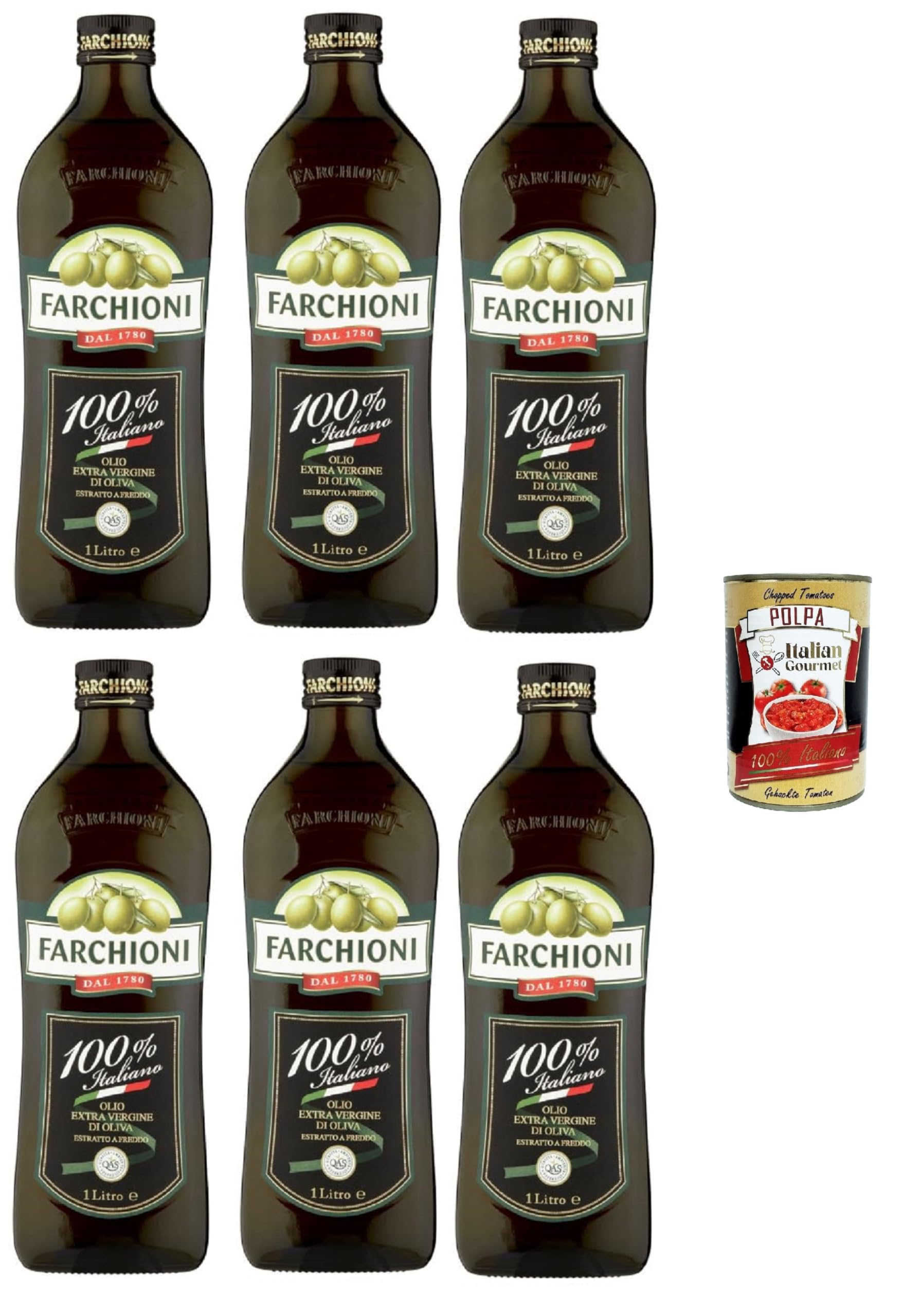 Italian Gourmet Olio Extra Vergine di Oliva, natives Olivenöl 6 x 1L | 100% italiano, kalt verarbeitet, fruchtig ausgewogen für insalata, Gemüse und, Gesamtnettogewicht 6 L + Kostenlos Polpa 400g