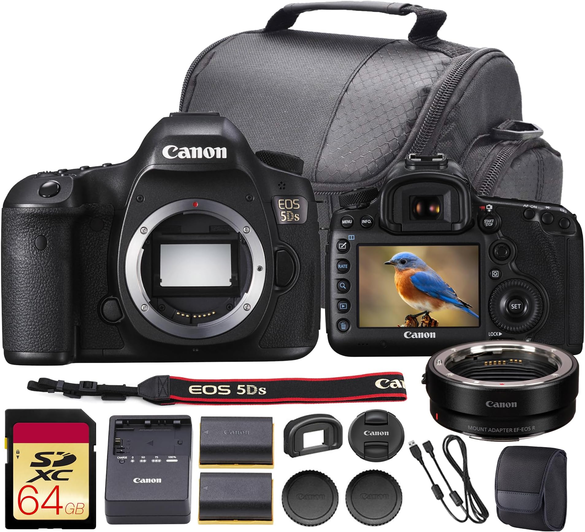 - EOS 5DS DSLR Camera Bundle | 50.6MP Full-Frame Sensor, High-Resolution Imaging, Advanced AF System & Dual DIGIC 6 | For Studio & Landscape Photography (0581C002) + 64GB Card + Adapter EF-EOS R +
