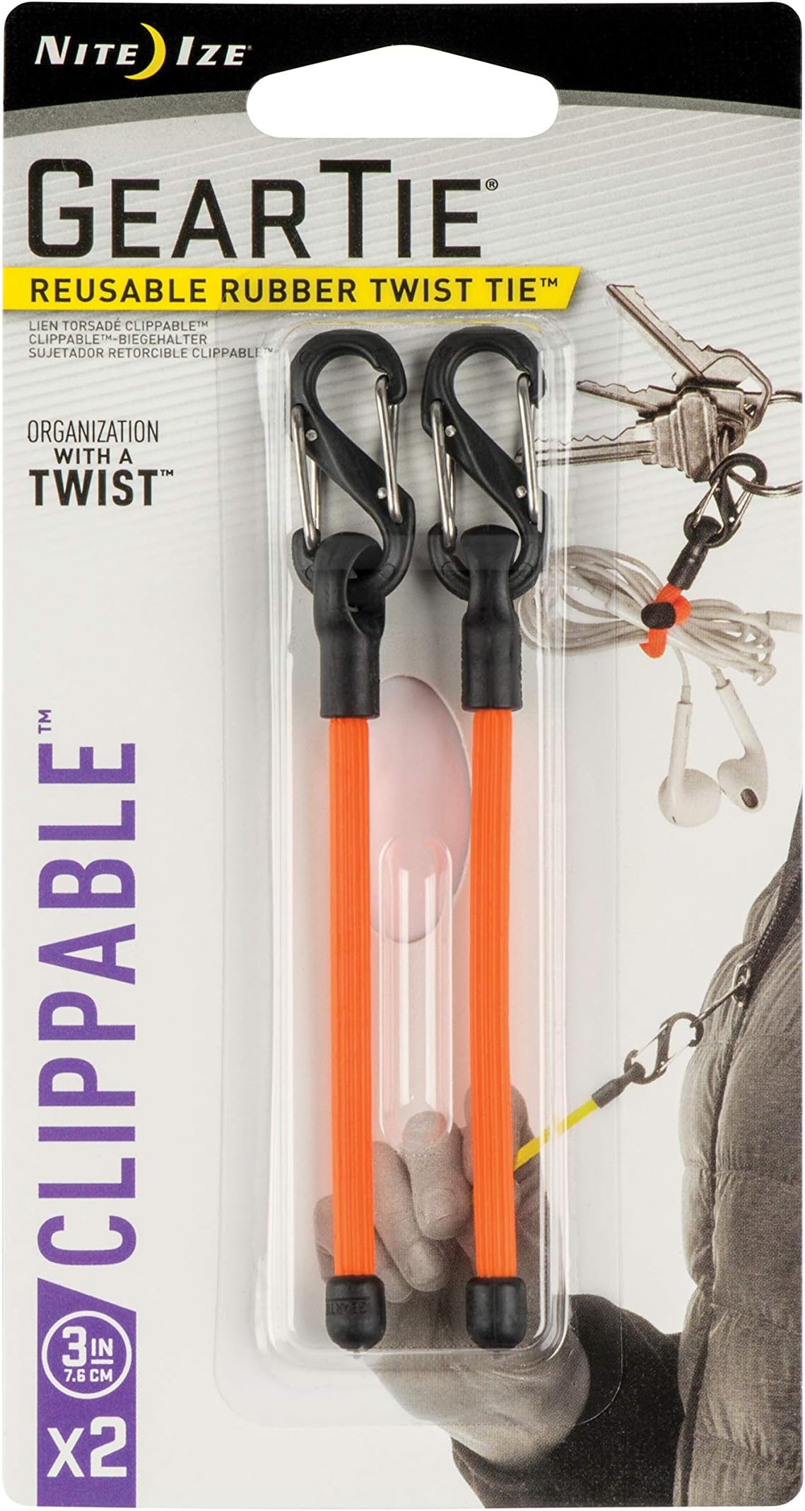 Nite Ize Gear Tie Zipper Pull, The Original Gear Tie Plus S-Biner Clip, Perfect Zipper Pull, 3-Inch, Bright Orange, 2 Pack