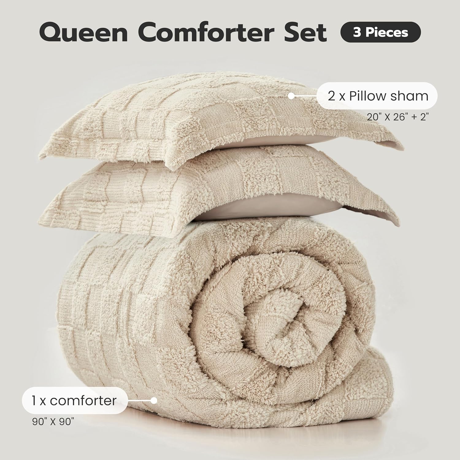 Joiedomi Tufted Queen Comforter Set, 3 Pieces Beige Boho Queen Bedding Set with 1 Plaid Geometric Comforter and 2 Pillow Shams, Checkered Bed in a Bag for All Seasons - Image 8
