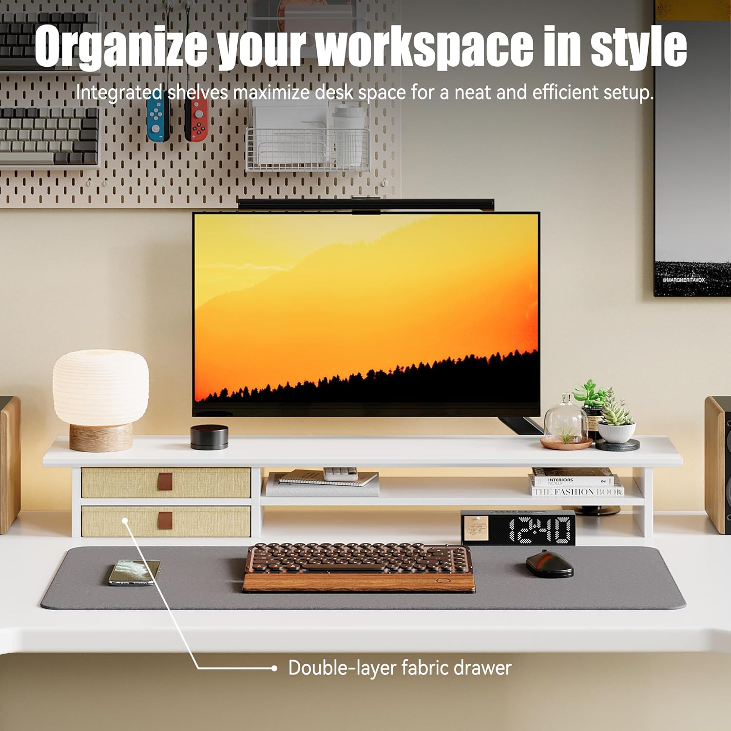 FENSULN Dual‑Tier Monitor Stand Riser with Drawers, Desktop Organizer Shelf Storage for Computer Screen 2 Monitors, Supports for PC Computer Monitor, Printer, Heavy TV Riser White