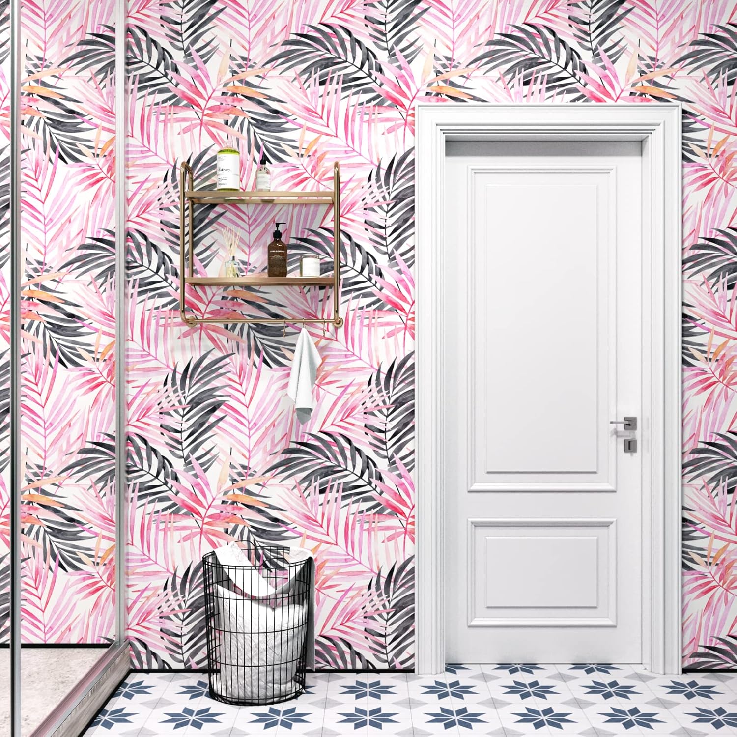 315"x17.5" Pink/Black Leaf Peel and Stick Wallpaper Boho Pink Palm Leaf Contact Paper Tropical Wallpaper for Living Room Bathroom Waterproof Removable Temporary Wall Paper for Renters Cabinets