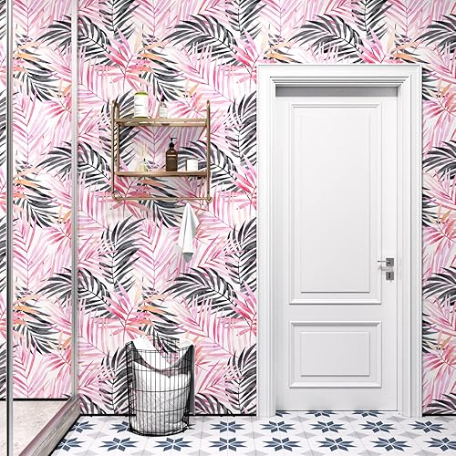 Miniatura 8 de Papel tapiz de 315 x 17.5 pulgadas, color rosa y negro, papel de contacto bohemio rosa y negro, papel tapiz floral de hoja de palmera para sala de