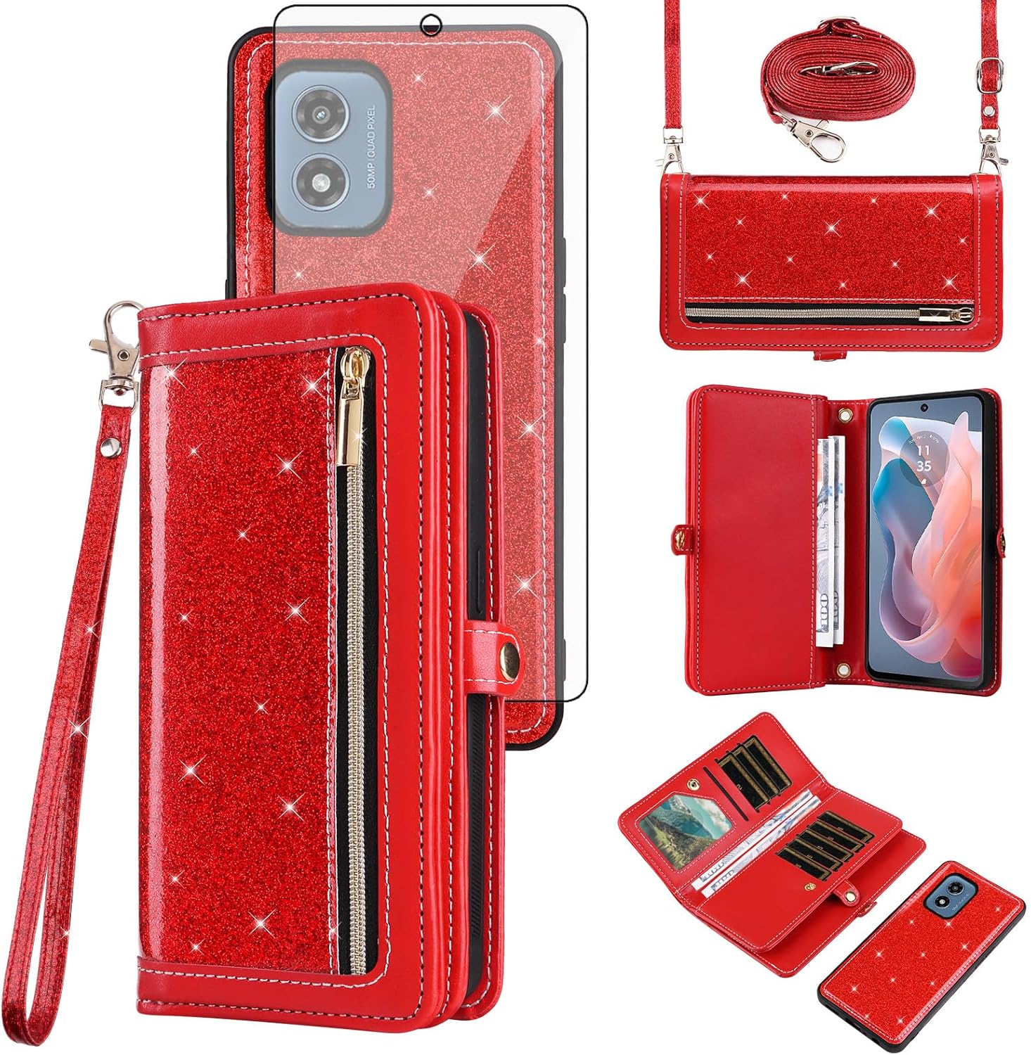 Asuwish Phone Case for Motorola Moto G Play 4G 2024 Zipper Wallet Cell Cover with Tempered Glass Screen Protector Strap Bling Glitter Flip Card Holder Slot XT2413V XT2413-1 64GB Women Men Girls Red