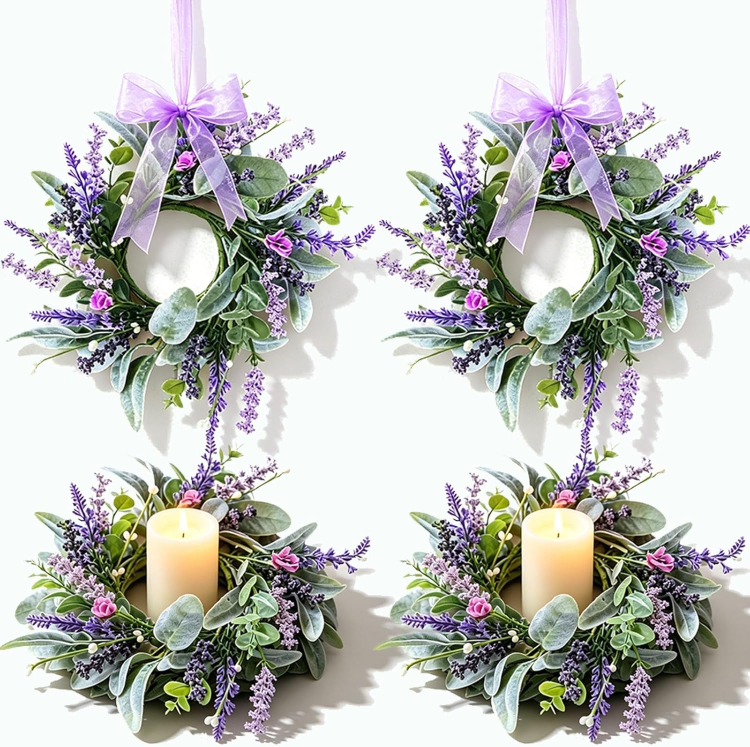 4 Pcs Mini Lavender Candle Rings Wreaths Purple Daisy Pillar Holder Wreath Artificial Wild Flower Spring Summer Floral Wreath for Farmhouse Porch Cabinets Table Decoration