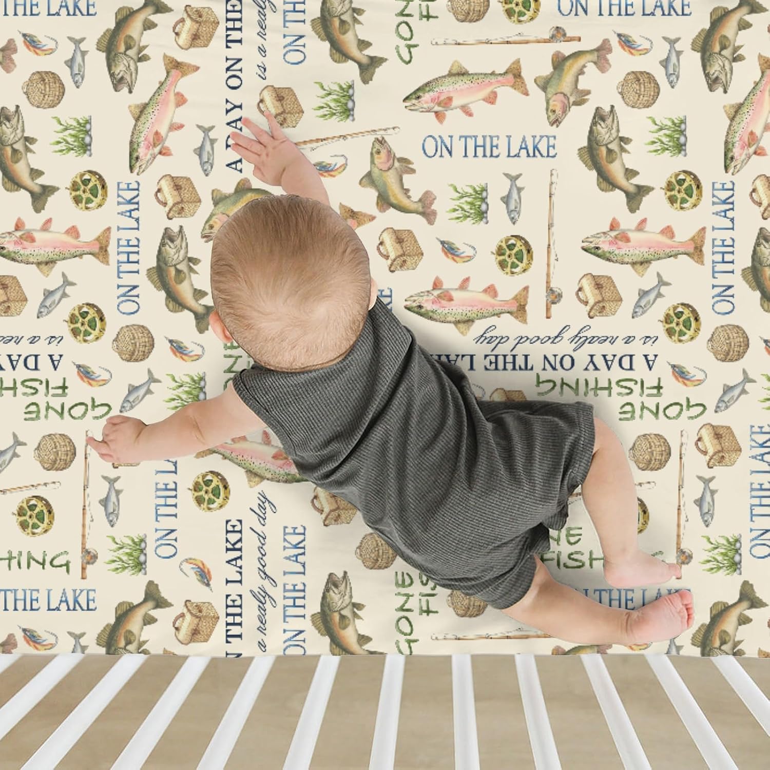 Gone Fishing Baby Crib Sheets for Boy Girl 52"x28" Vintage Lake Fishing Lovers Gift Soft Snug Fitted Crib Mattress Cover Vacation Outdoors Adventure Baby Sheet for Crib and Toddler Bed Mattresses