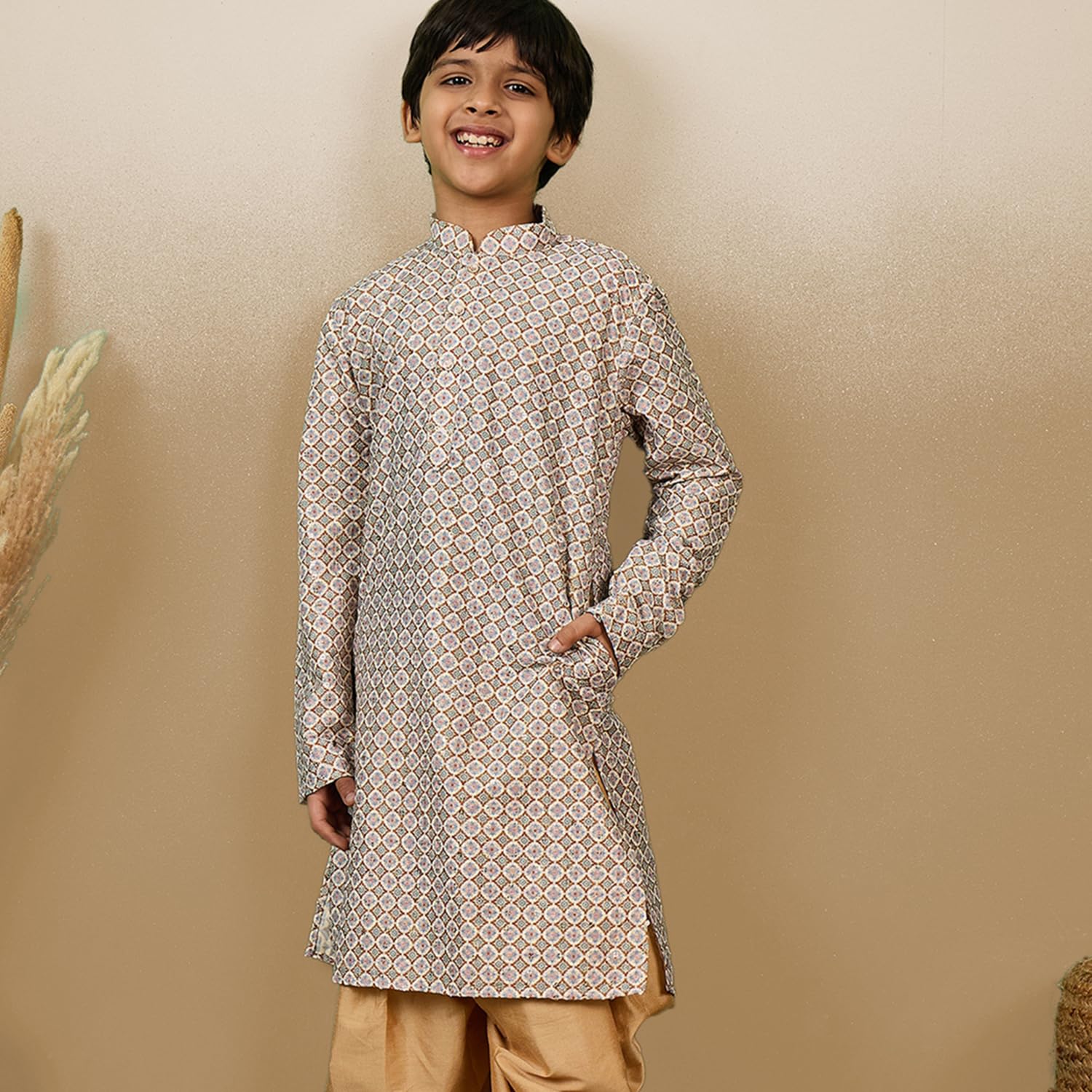 Sanwara Chic & Classic Boys Printed Brown Sequins Designer Cotton Kurta (32) 1