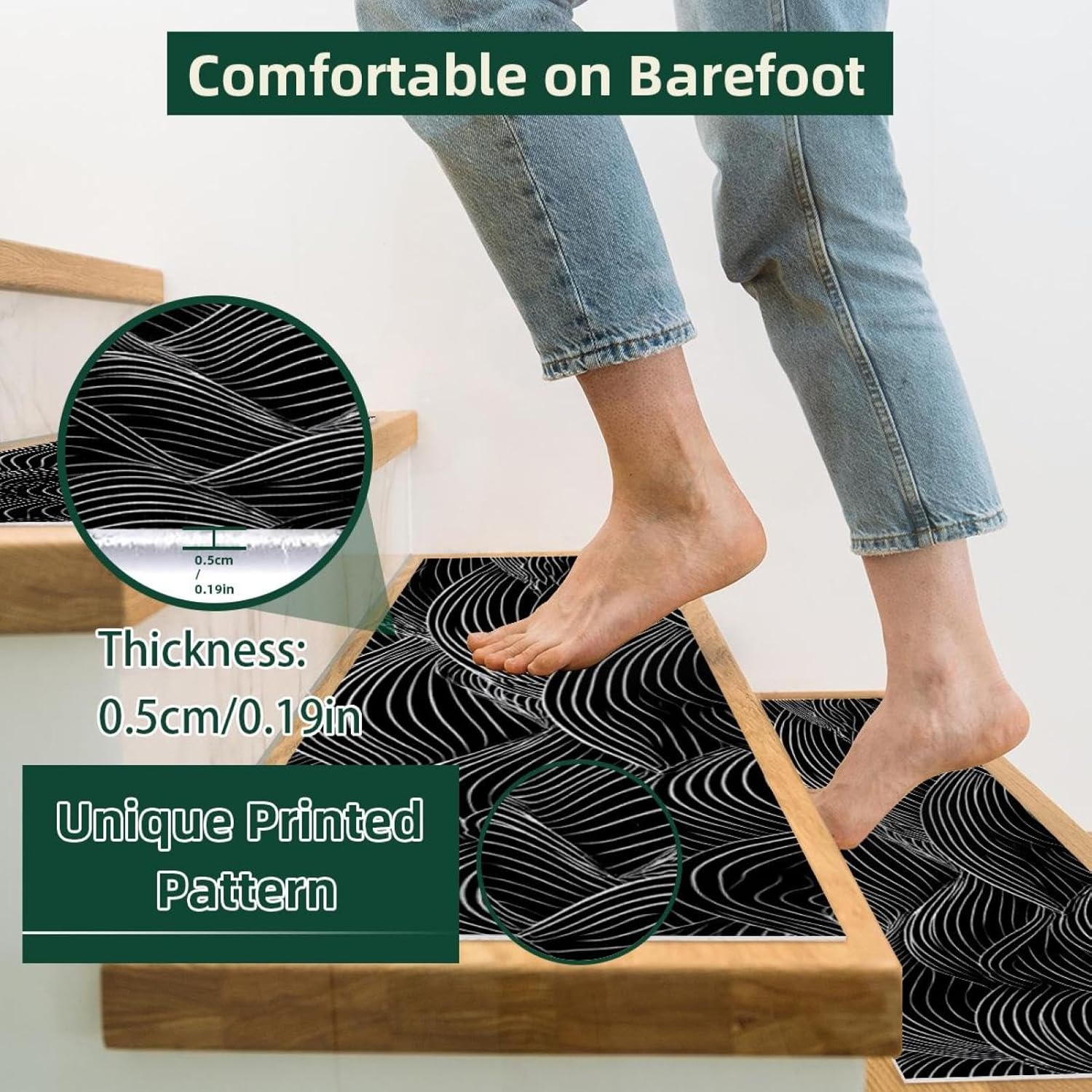 15 Pack Vintage Art Monochrome Waves (11) Stair Treads,8" X 30" Non Slip Carpet Stair Treads Reusable Staircase Step Treads Carpet Treads for Wooden Steps Indoor