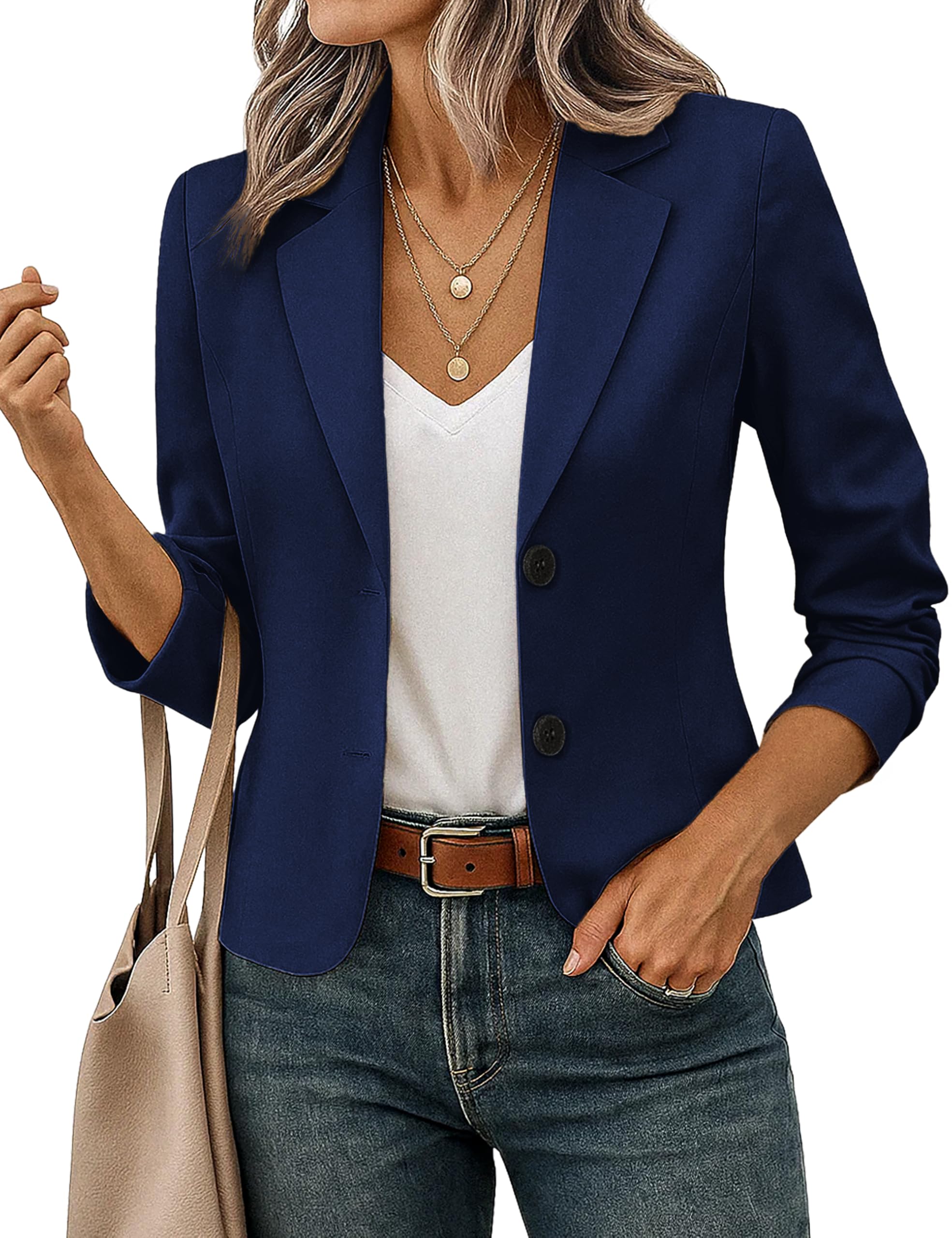 FOLUNSI Womens Business Casual Cropped Blazer Lapel Collar Long Sleeve Work Office Suit Jacket with Fully Lined Navy