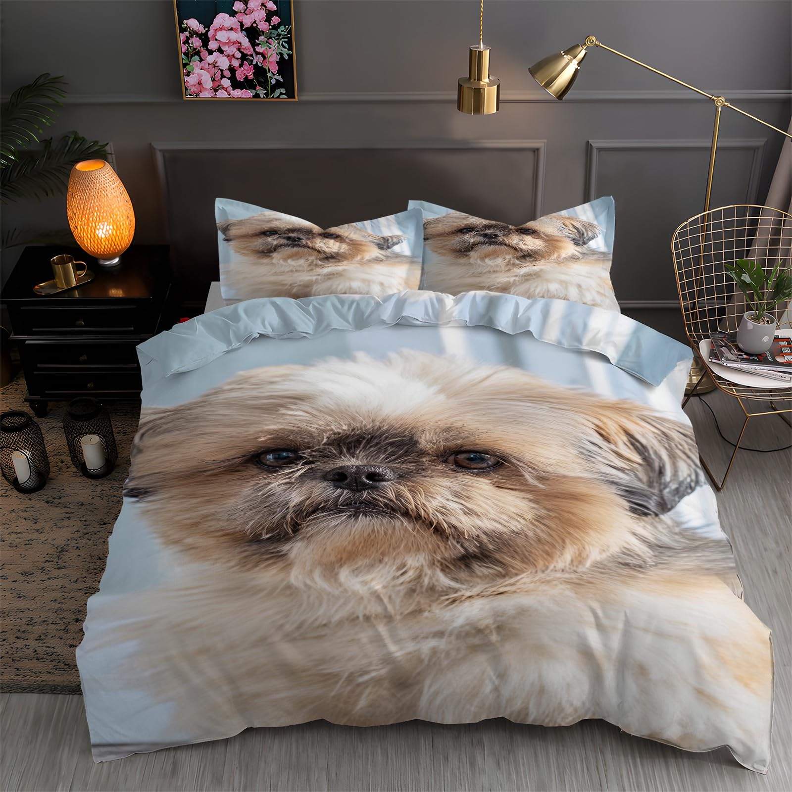 LLSZAHD Blue King Duvet Cover Shih Tzu 3D Bedding Sets Brushed Microfibre