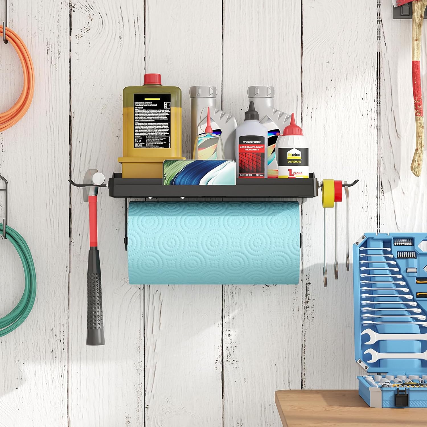 Lifewit Garage Paper Towel Holder with Shelf, Shop Towel Holder, Wall Mount Tool Rack with 4 Hooks&Phone Stand, Stick on Adhesive (Hold 19lbs) or Screws(44lbs) for Clean Station/Craft Room,2Pack,Black